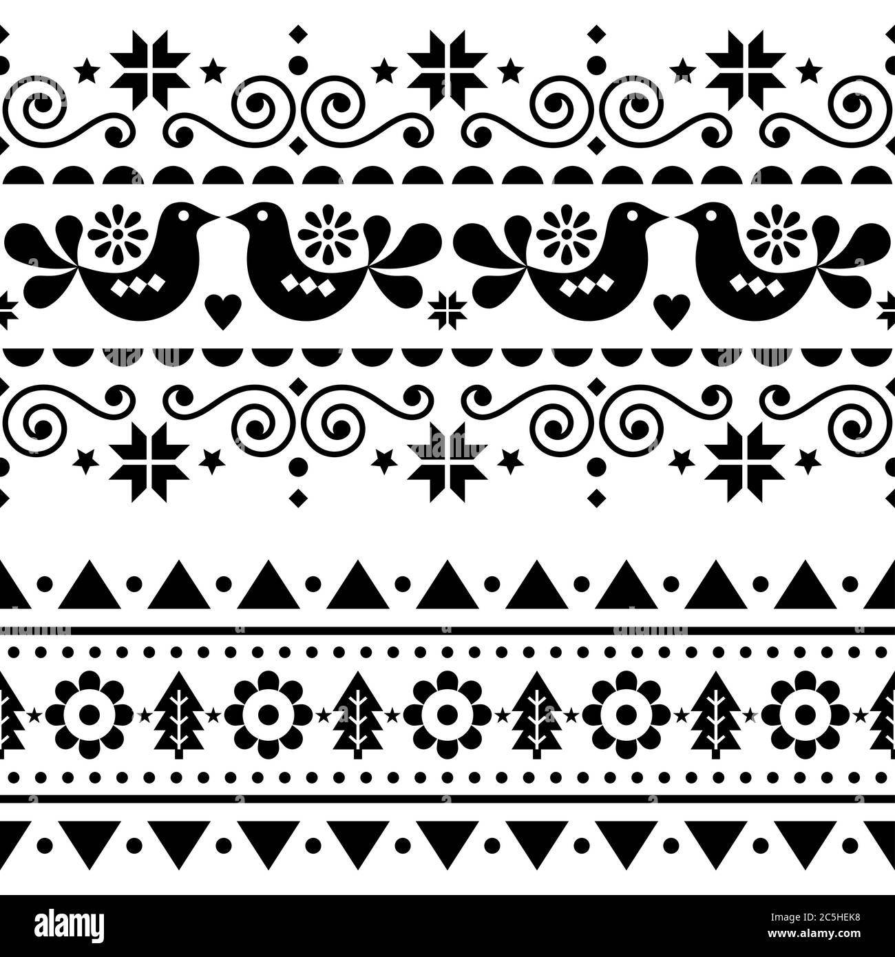 Scandinavian Christmas folk seamless vector long pattern, repetitive winter cute Nordic design with birds, Christmas trees, snowflakes and flowers Stock Vector