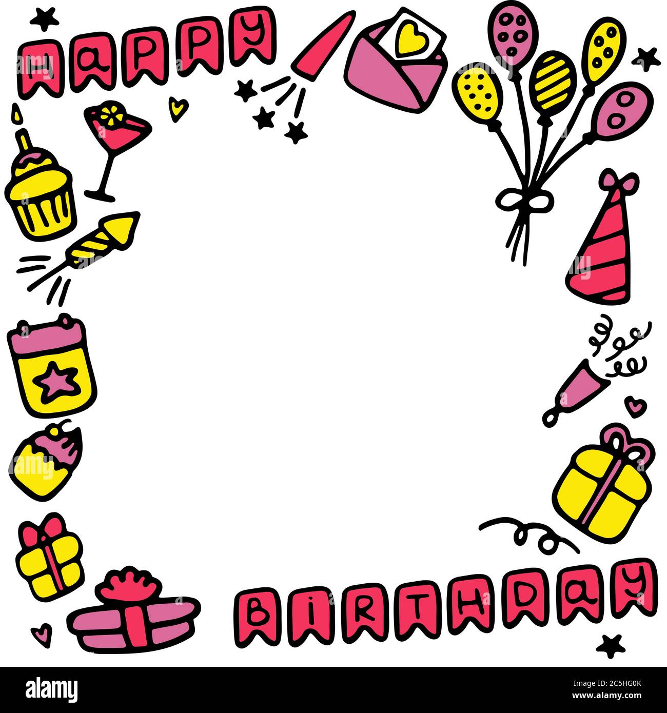 Birthday frames. Celebration b-day icon set. Hand drawn elements ...