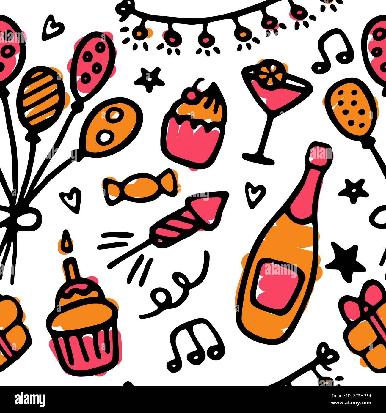 Hand-drawn birthday icon set. Celebration seamless pattern. Vector Stock Vector