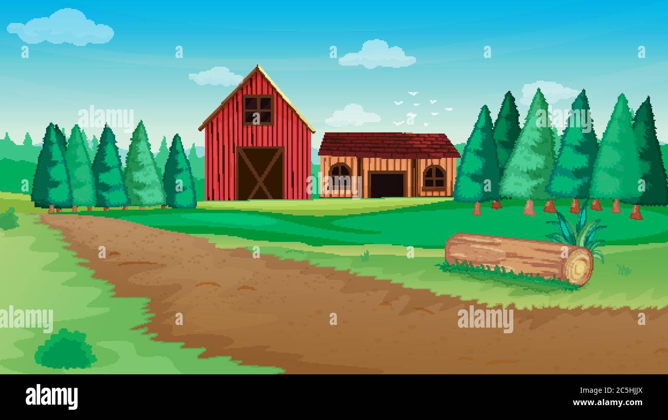 Farm in nature scene with barn and farm house illustration Stock Vector ...
