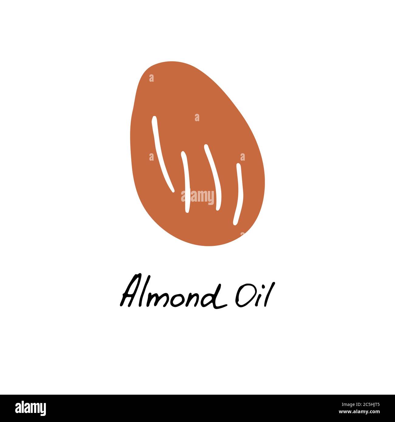 Almond oil. Cosmetic ingredient. Nutritional oil for skin care. Hand-drawn icon of almond nut. Vector illustration. Stock Vector