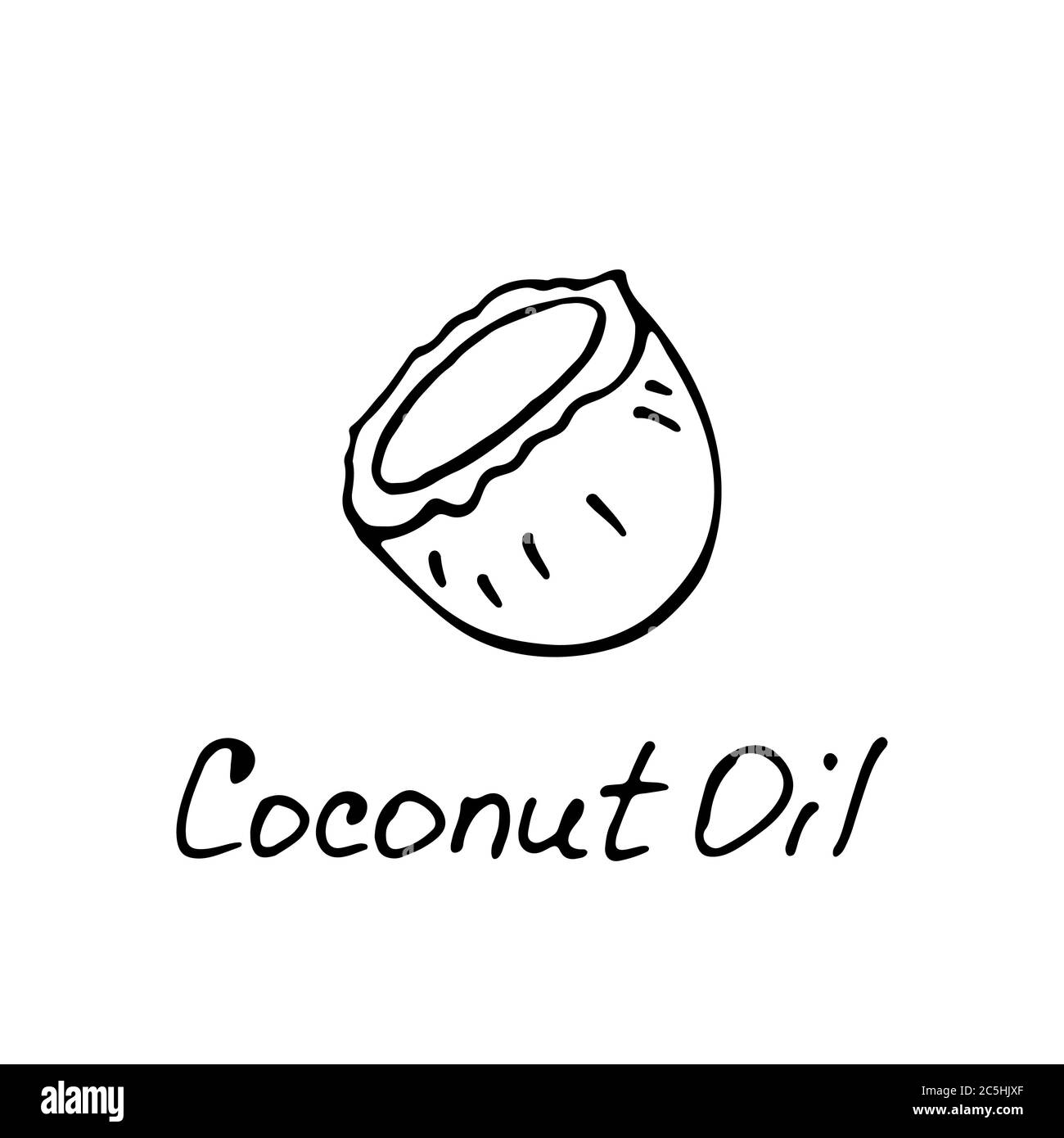 Coconut oil. Cosmetic ingredient. Nutritional oil for skin care. Hand-drawn icon of coconut. Vector illustration. Stock Vector
