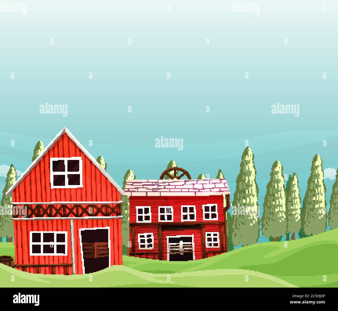 Farm in nature scene with barn and farm house illustration Stock Vector ...