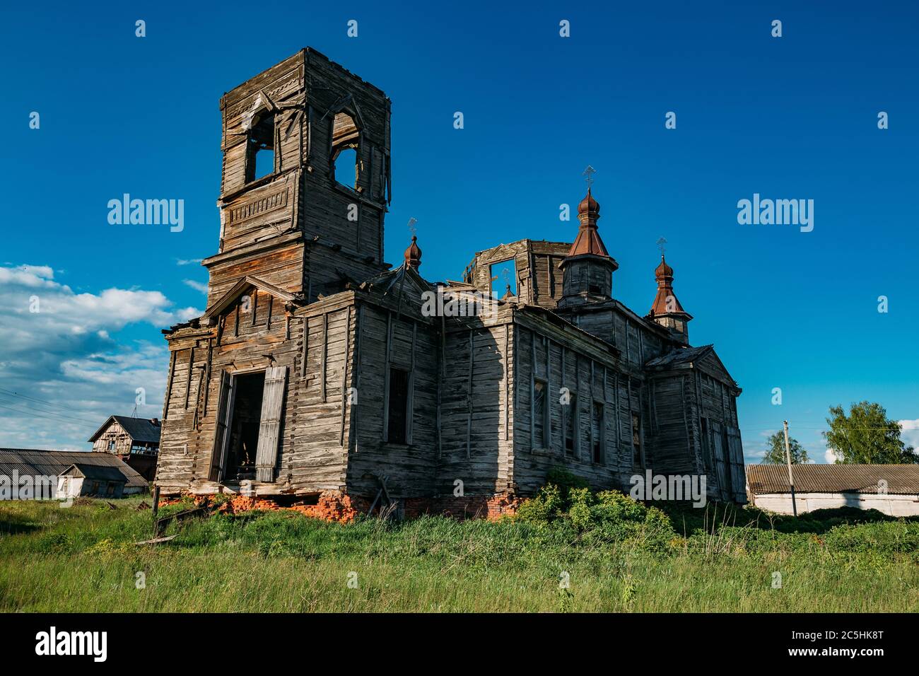 Old abandoned wooden ruined Russian church in Kamenka, Kursk region Stock Photo