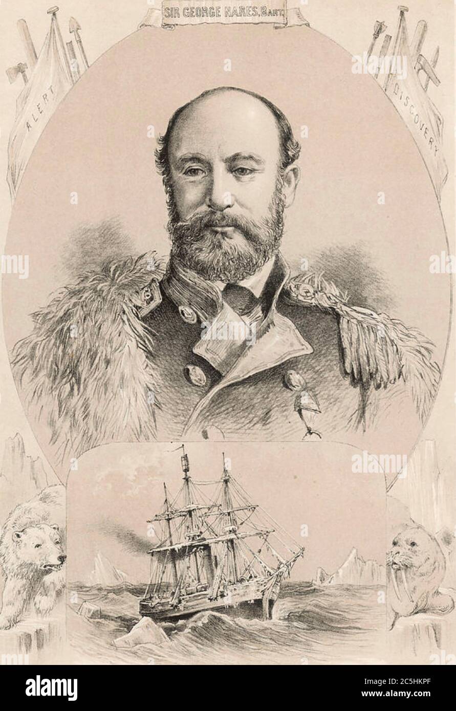 GEORGE NARES (1831-1915) Royal Navy officer and Arctic explorer shown here with his ship HMS Challenger Stock Photo