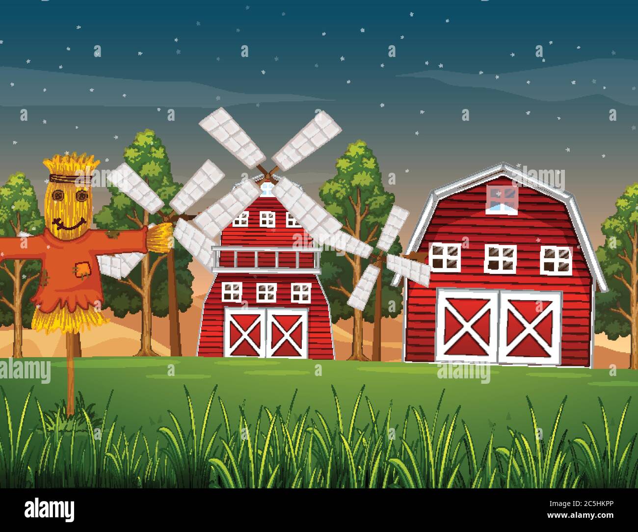 Farm in nature scene with barn and windmill and scarecrow illustration ...
