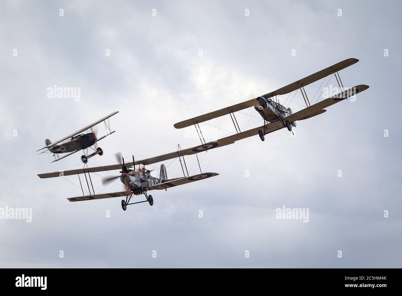 Bristol F.2 Fighter (replica) British two-seat biplane fighter and reconnaissance aircraft of the First World War flying in formation with a Royal air Stock Photo