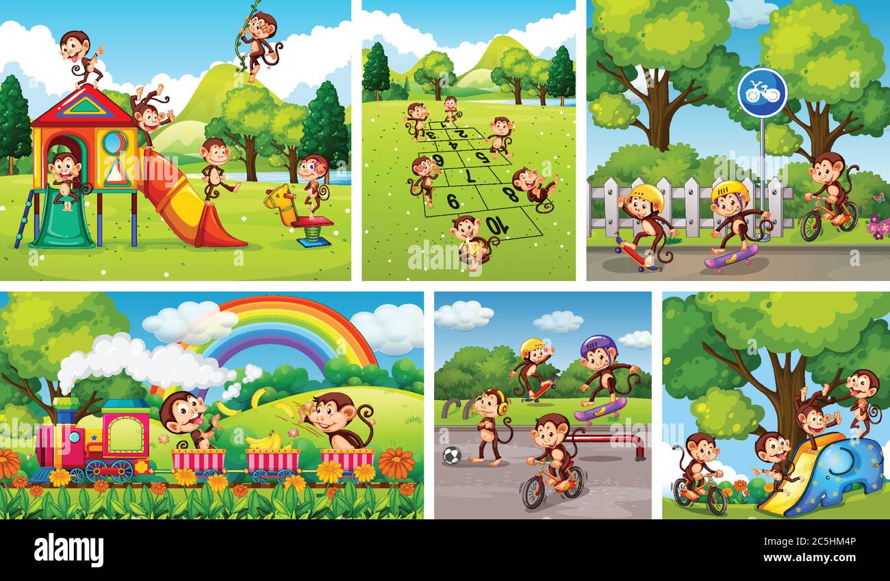 Set of monkey in playground background illustration Stock Vector Image