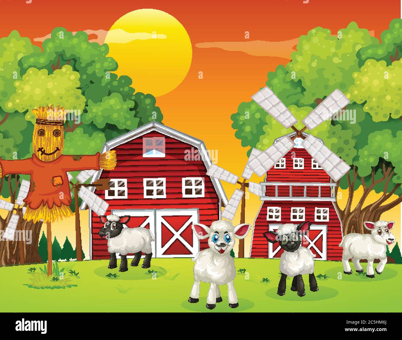 Farm scene in nature with barn and windmill and sheeps illustration ...