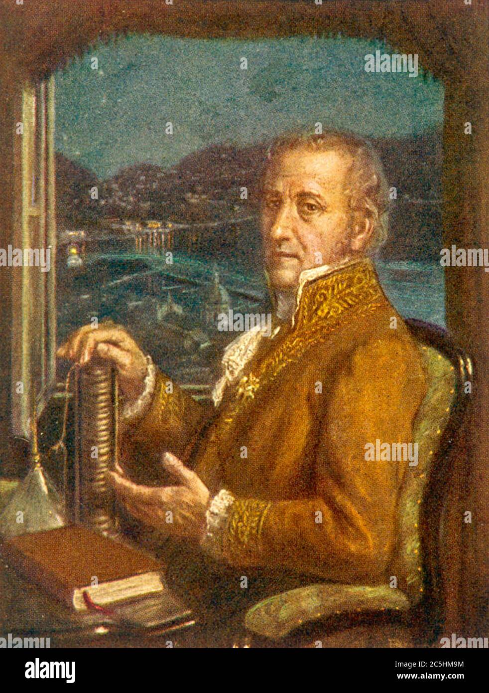 ALESSANDRO VOLTA (1745-1827) Italian physicist with one of his batteries Stock Photo