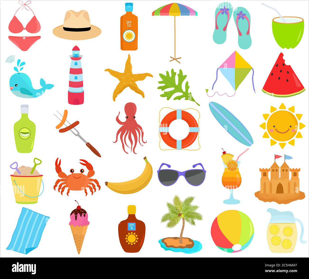 Download Vector Of Summer Season Set Seasonal Decoration Theme In Flat Design Illustration Bundle Of Cute Colorful Icon Collection Isolated On White Backgrou Stock Vector Image Art Alamy