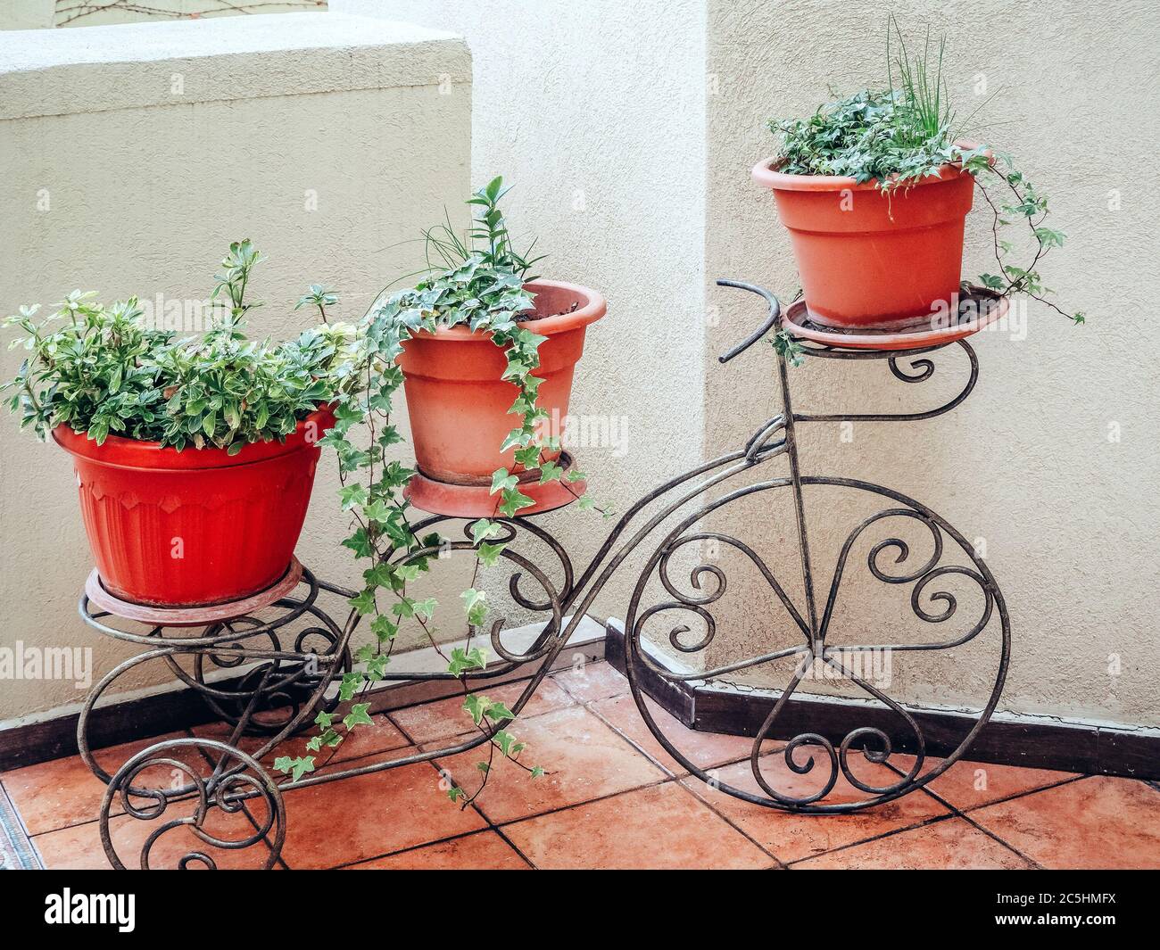 Decorative wrought iron flower stand in the shape of a bicycle ...