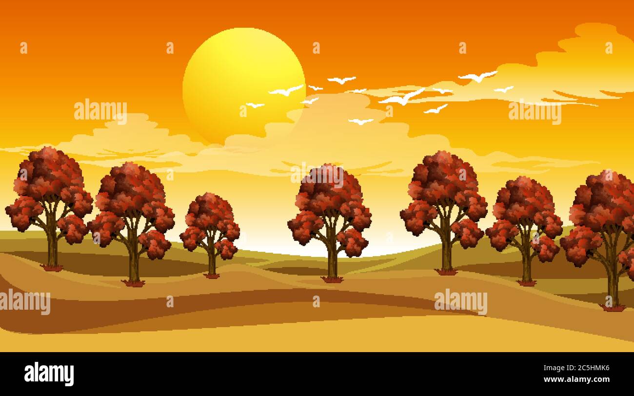 Scene with trees in the field at sunset illustration Stock Vector Image ...