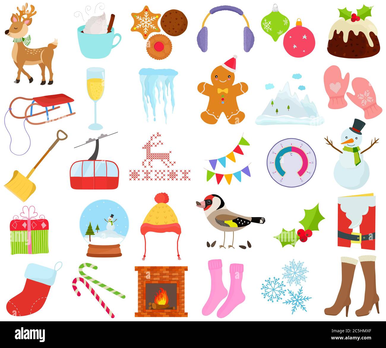 Vector of Winter season set, Christmas New year holiday decoration theme in flat design illustration. Bundle of cute colorful icon collection isolated Stock Vector