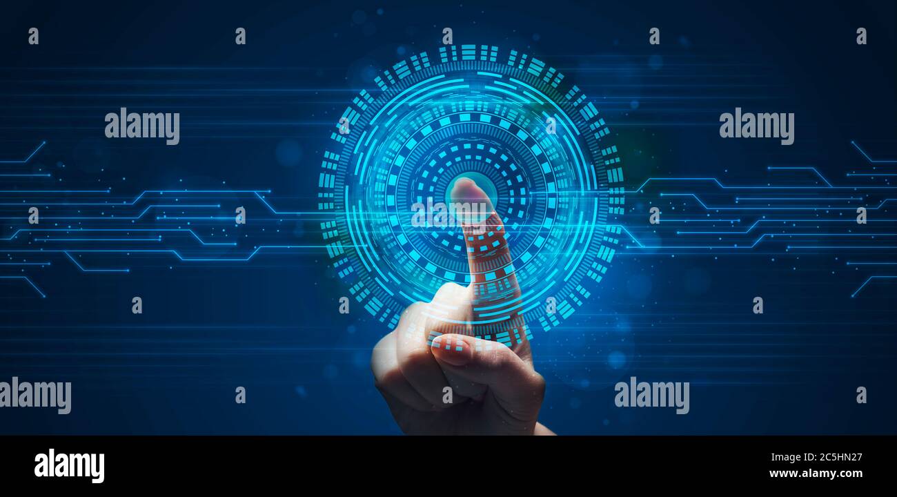 Finger Touching Virtual Panel Scanning Fingerprint For Verification, Blue Background Stock Photo