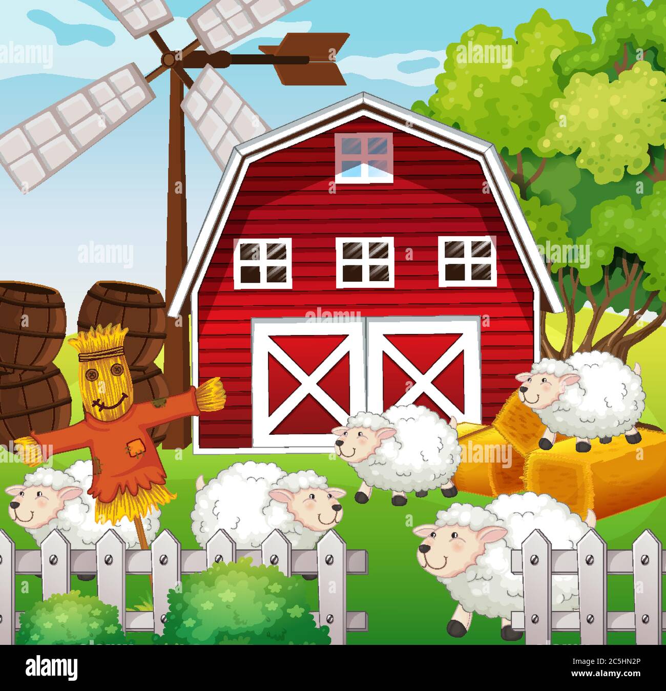 Farm scene in nature with barn and scarecrow and sheeps illustration ...
