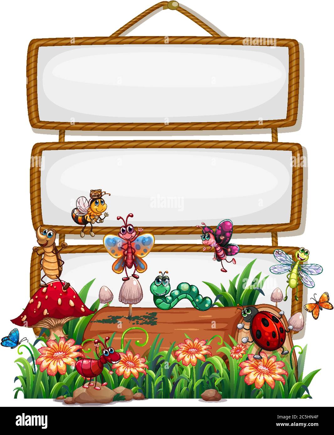 Blank wood frame with animal garden set isolated illustration Stock ...
