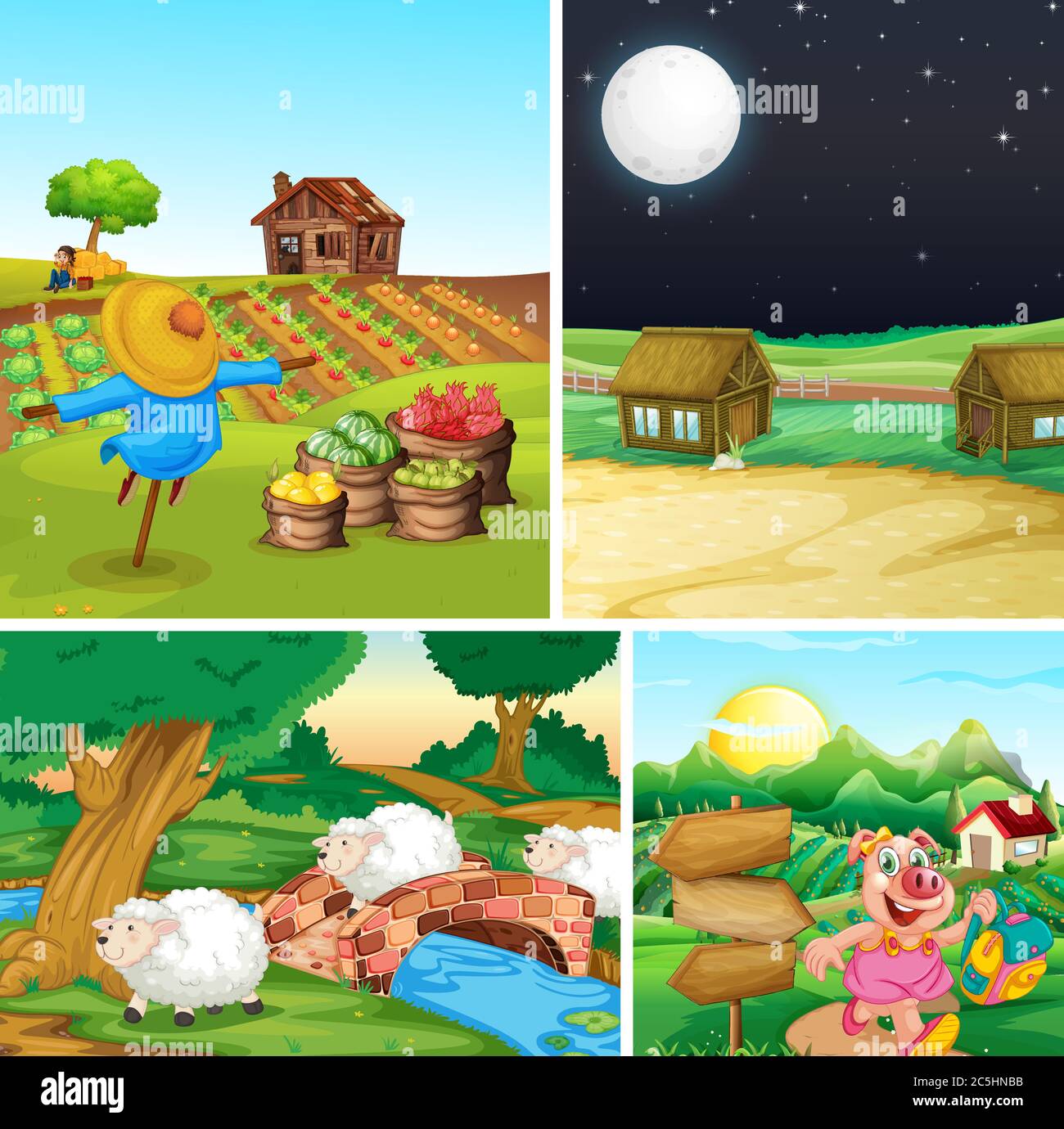 Set of different farm scenes with animal farm cartoon style ...