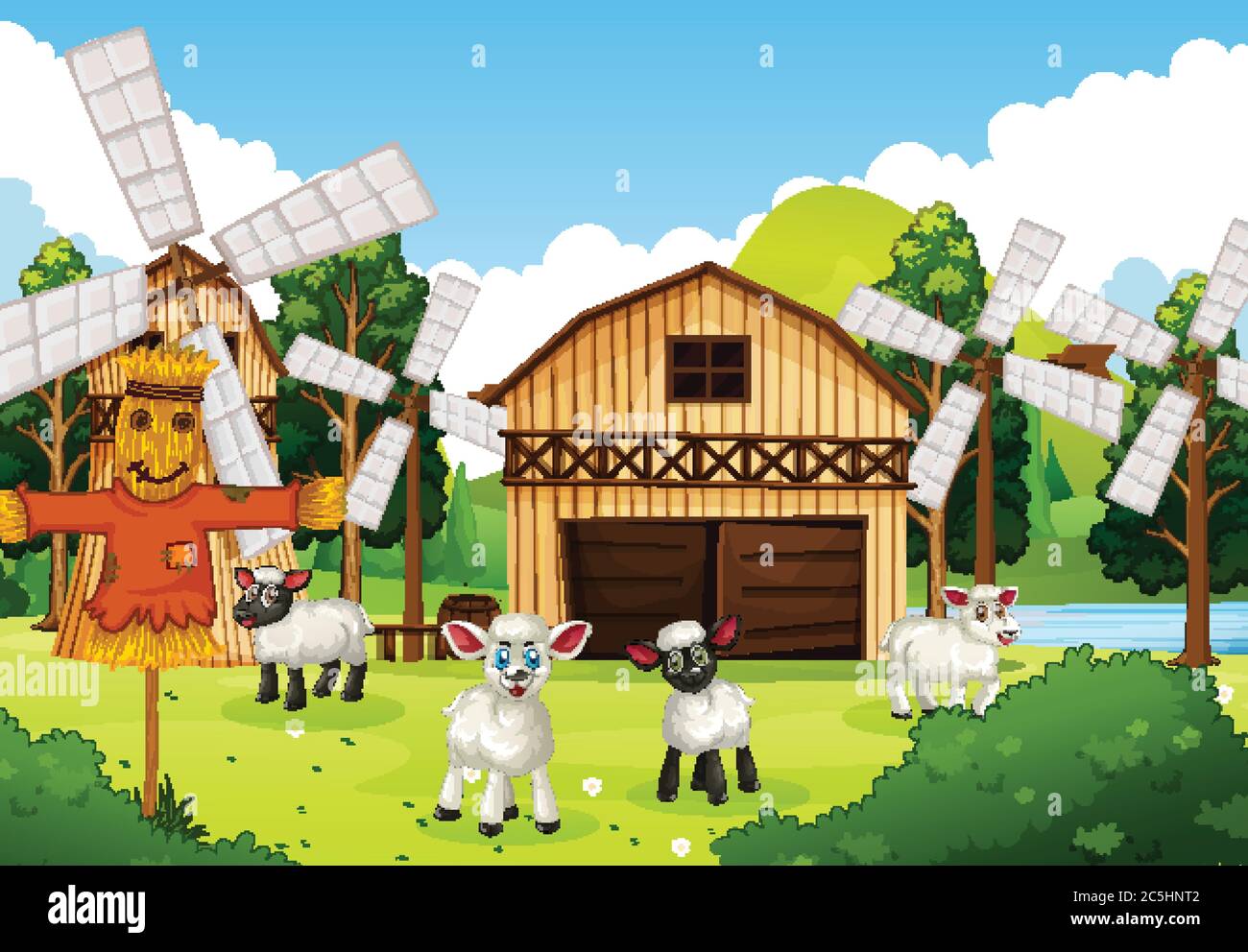 Farm scene in nature with barn and windmill and sheeps illustration ...