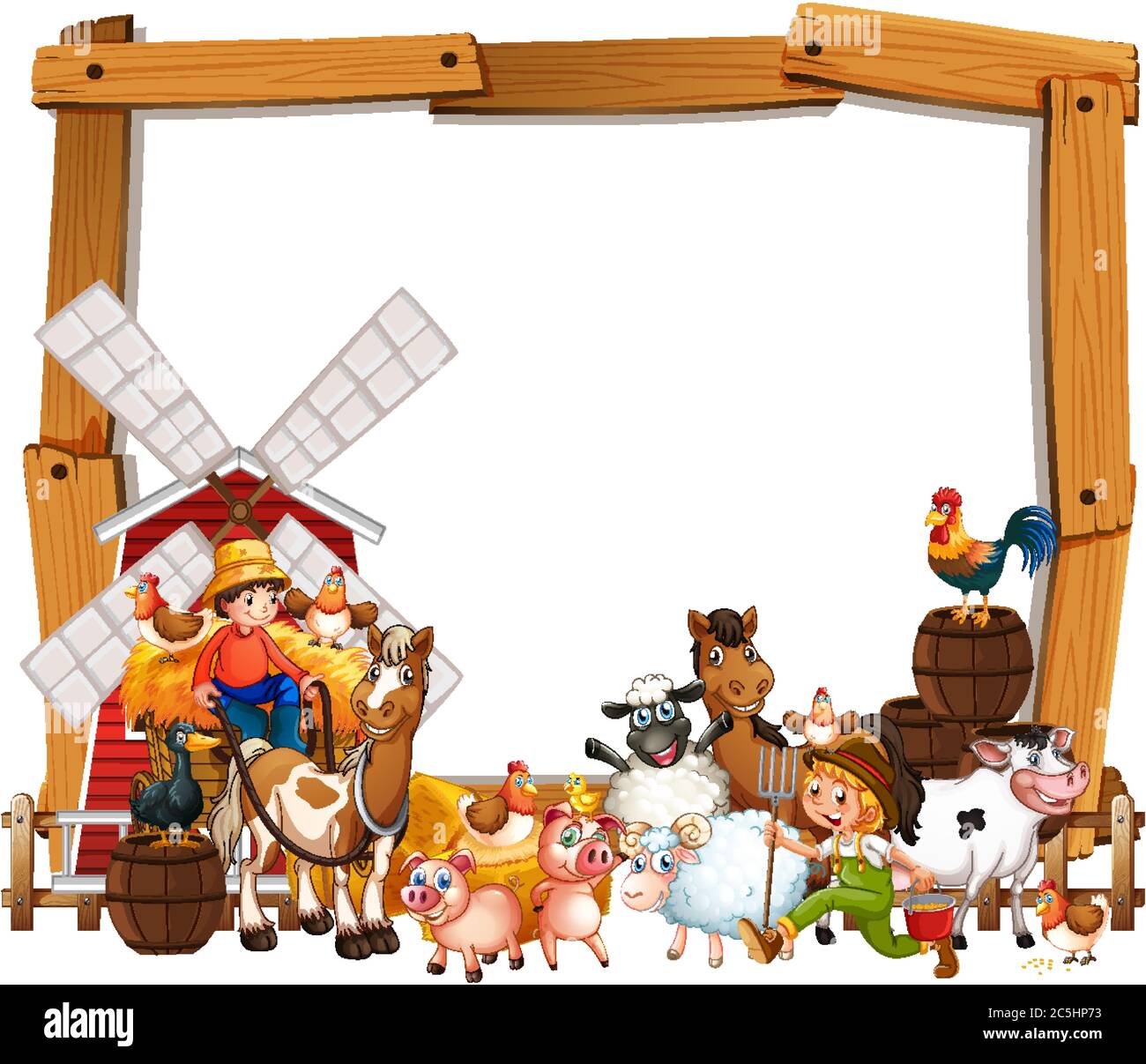 Blank wood frame template with animal farm set isolated illustration ...