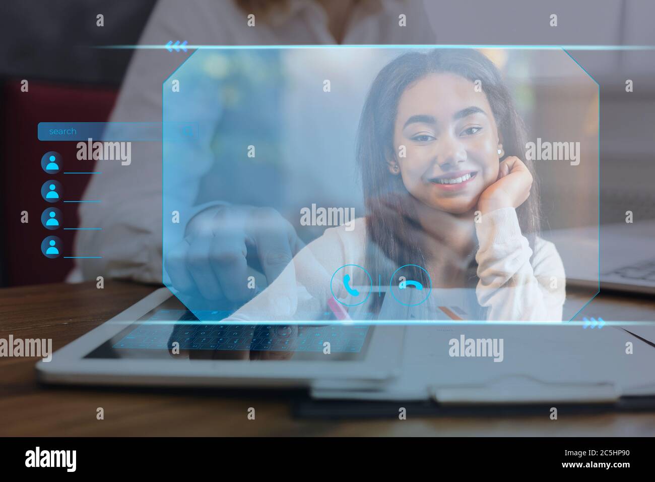 Woman Making Video Call Using Digital Tablet, Collage, Double Exposure Stock Photo