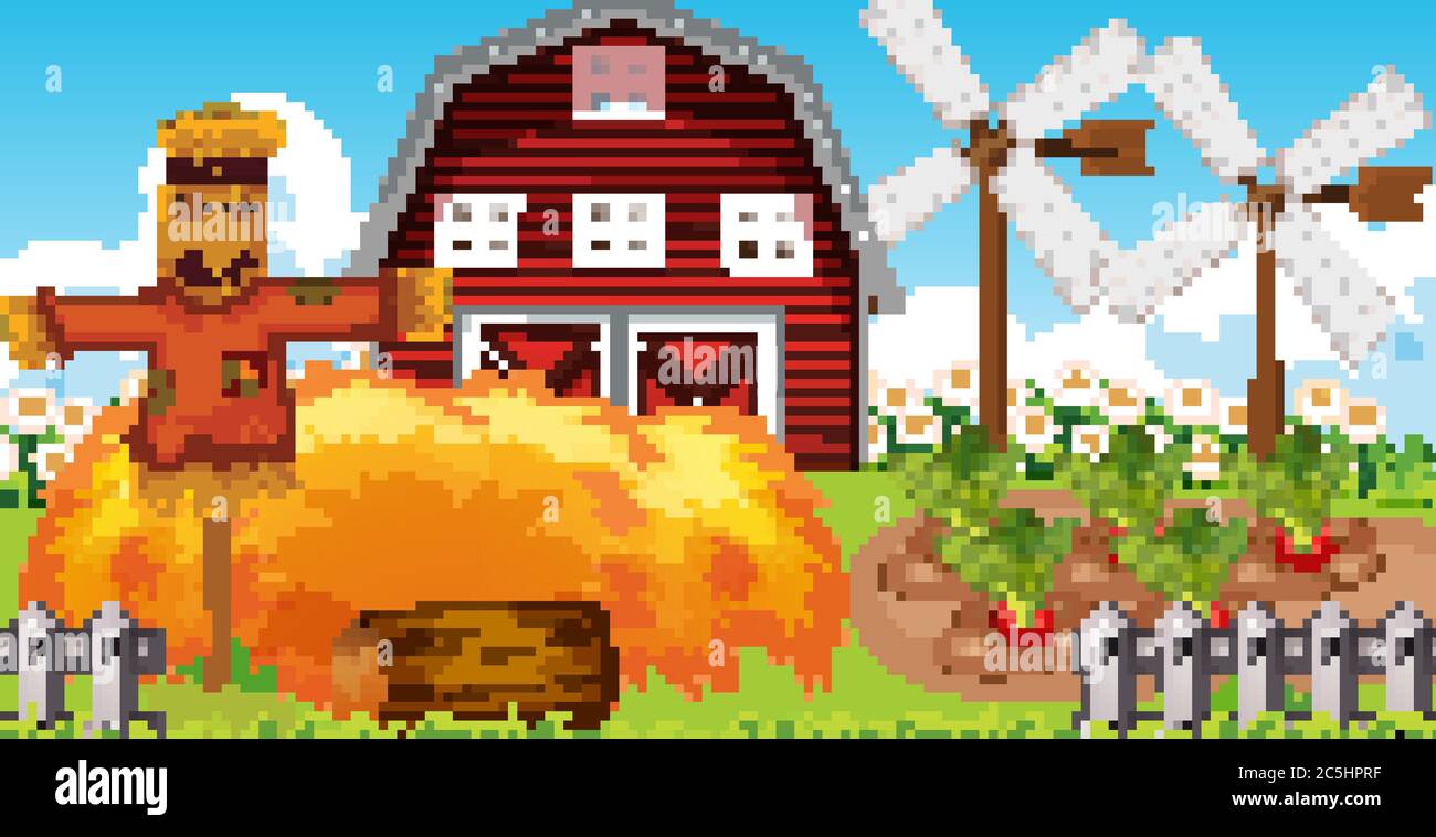 Farm scene in nature with barn and windmill and scarecrow illustration ...