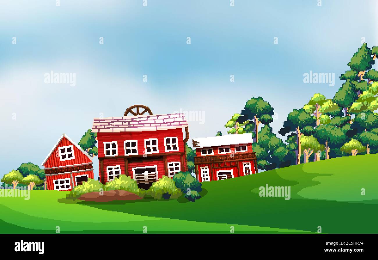 Farm in nature scene with barn and farm house illustration Stock Vector ...