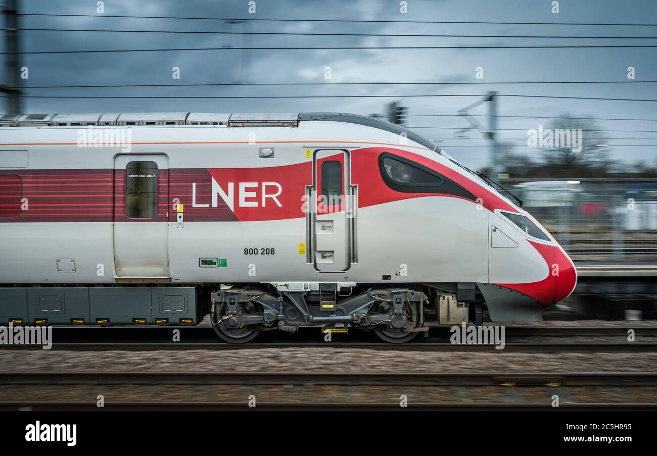 LNER Azuma high speed train on the east coast main line, England, UK. Stock Photo