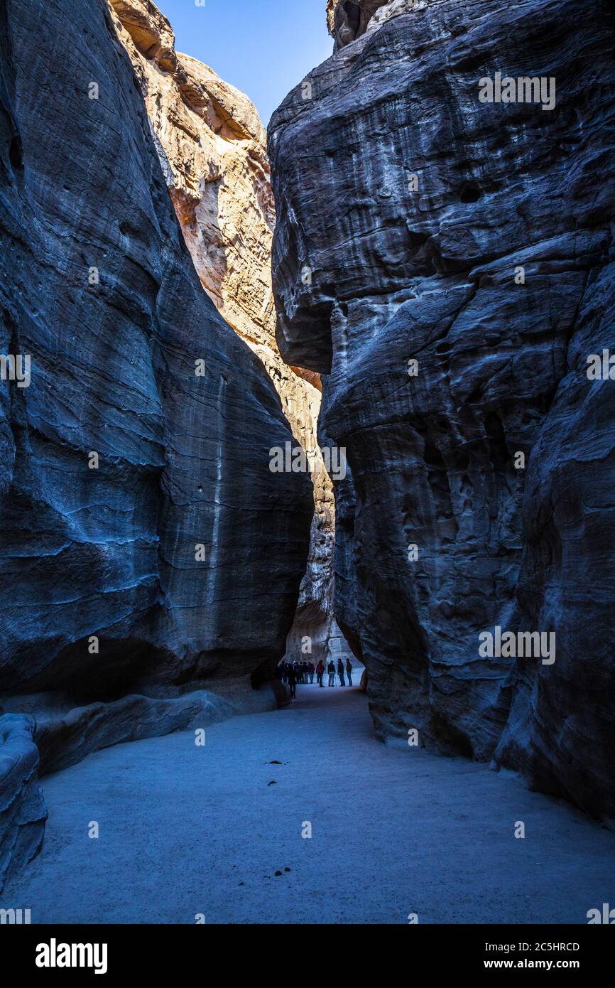 The canyon known as Al Siq at the entrance to the Pink City of Petra in Jordan. Stock Photo