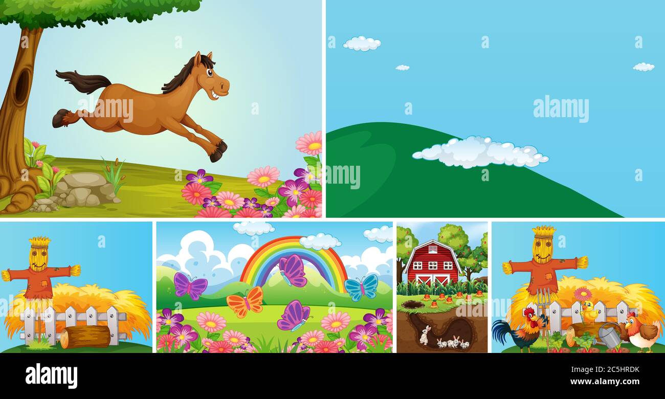 Set of different farm scenes with animal farm cartoon style ...