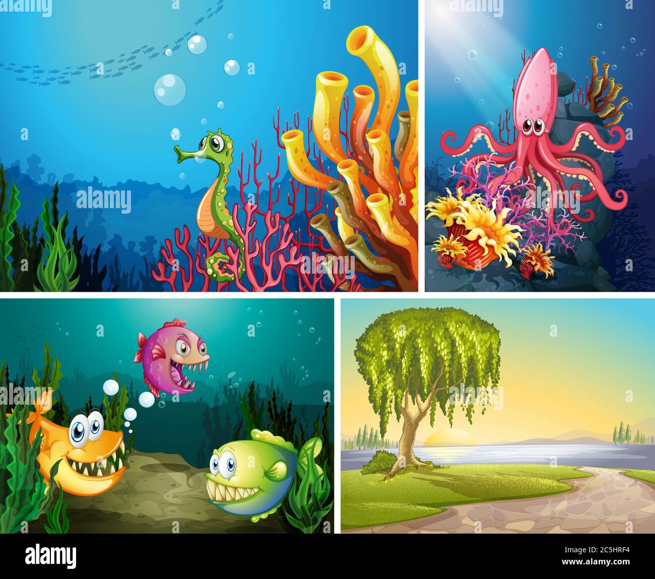 Four different scene of tropical beach and underwater with sea creater illustration Stock Vector