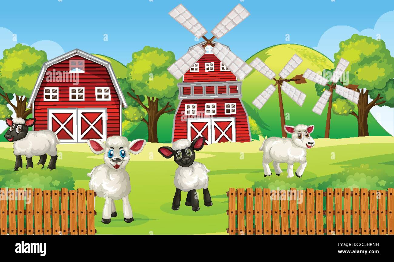 Farm scene in nature with barn and windmill and sheeps illustration ...