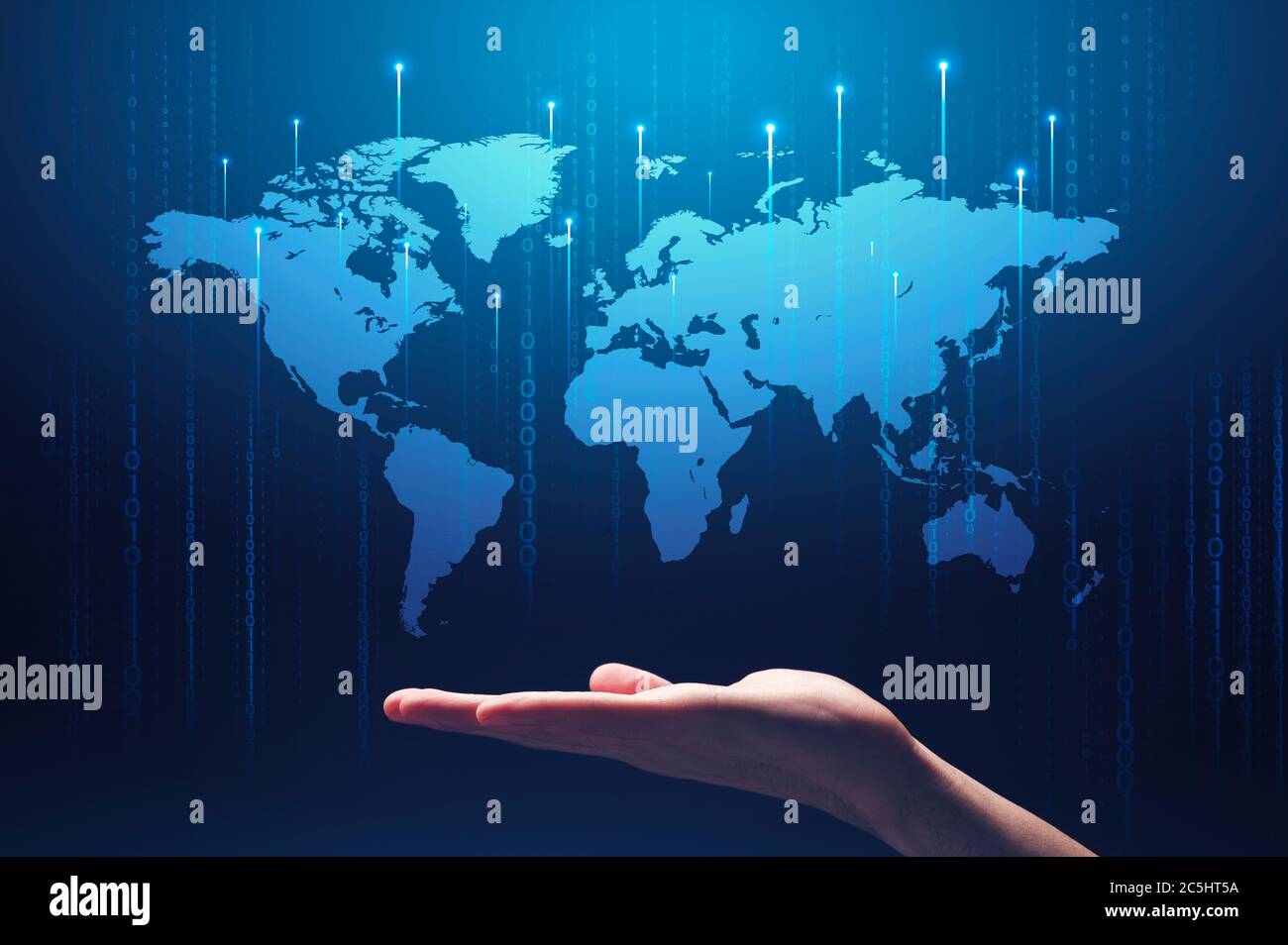 Global technologies. Collage with male hand, world map and computer binary code on blue background Stock Photo
