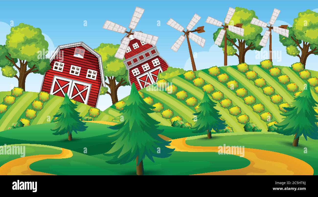 Farm scene in nature with barn and windmill and farm illustration Stock ...