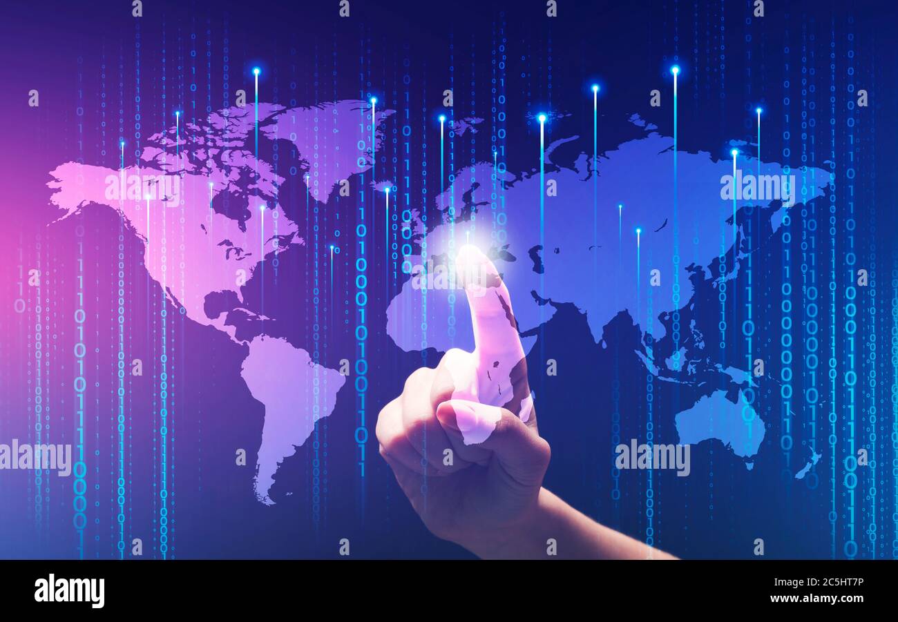 Contemporary technologies. Collage with woman touching virtual screen, world map and binary code digits Stock Photo