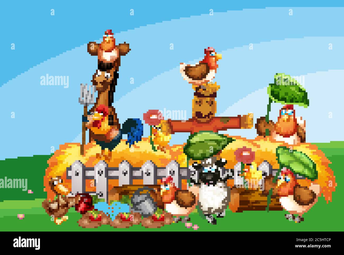 Farm scene with animal farm cartoon style illustration Stock Vector ...