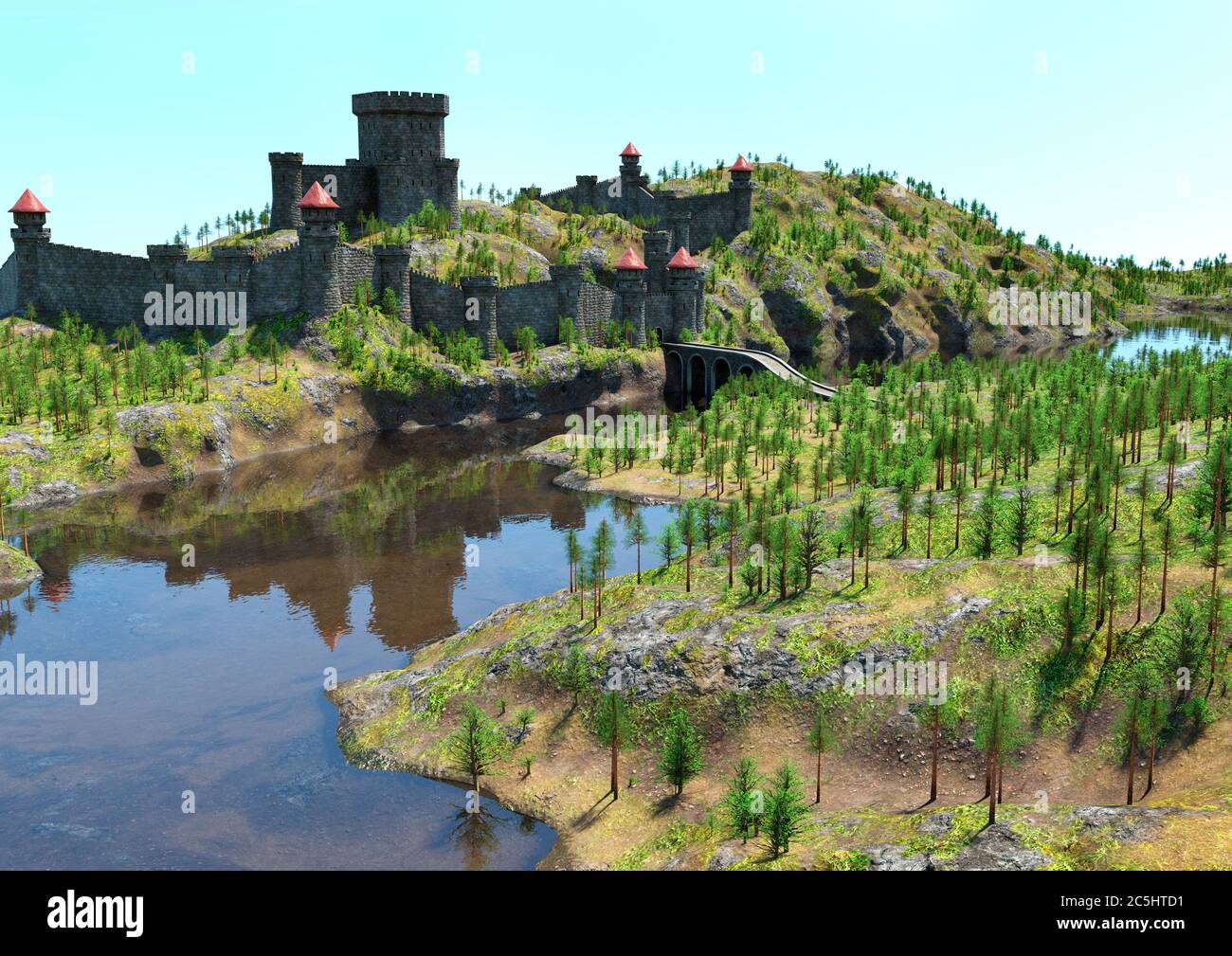 3D rendering of a medieval landscape with an old castle Stock Photo - Alamy