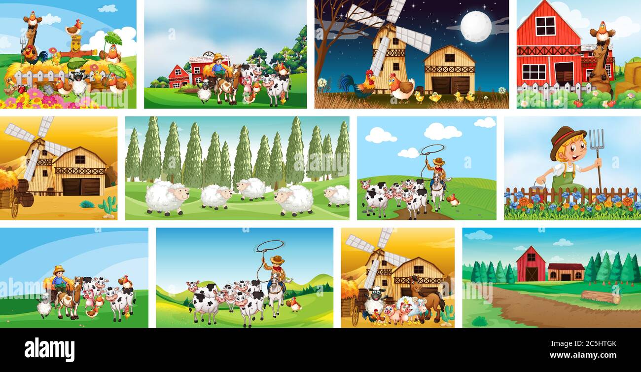 Set of different farm scenes with animal farm cartoon style ...