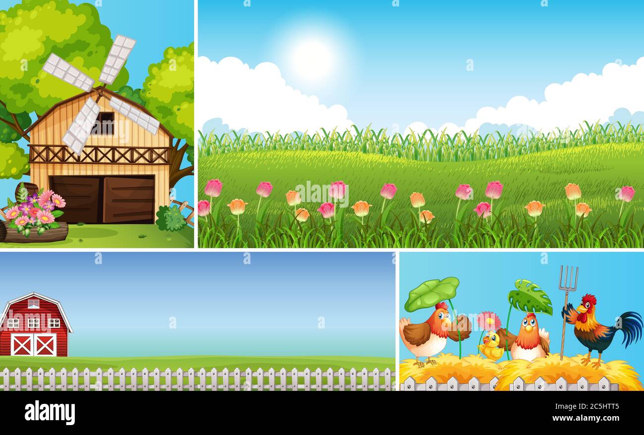 Set of different farm scenes with animal farm cartoon style ...