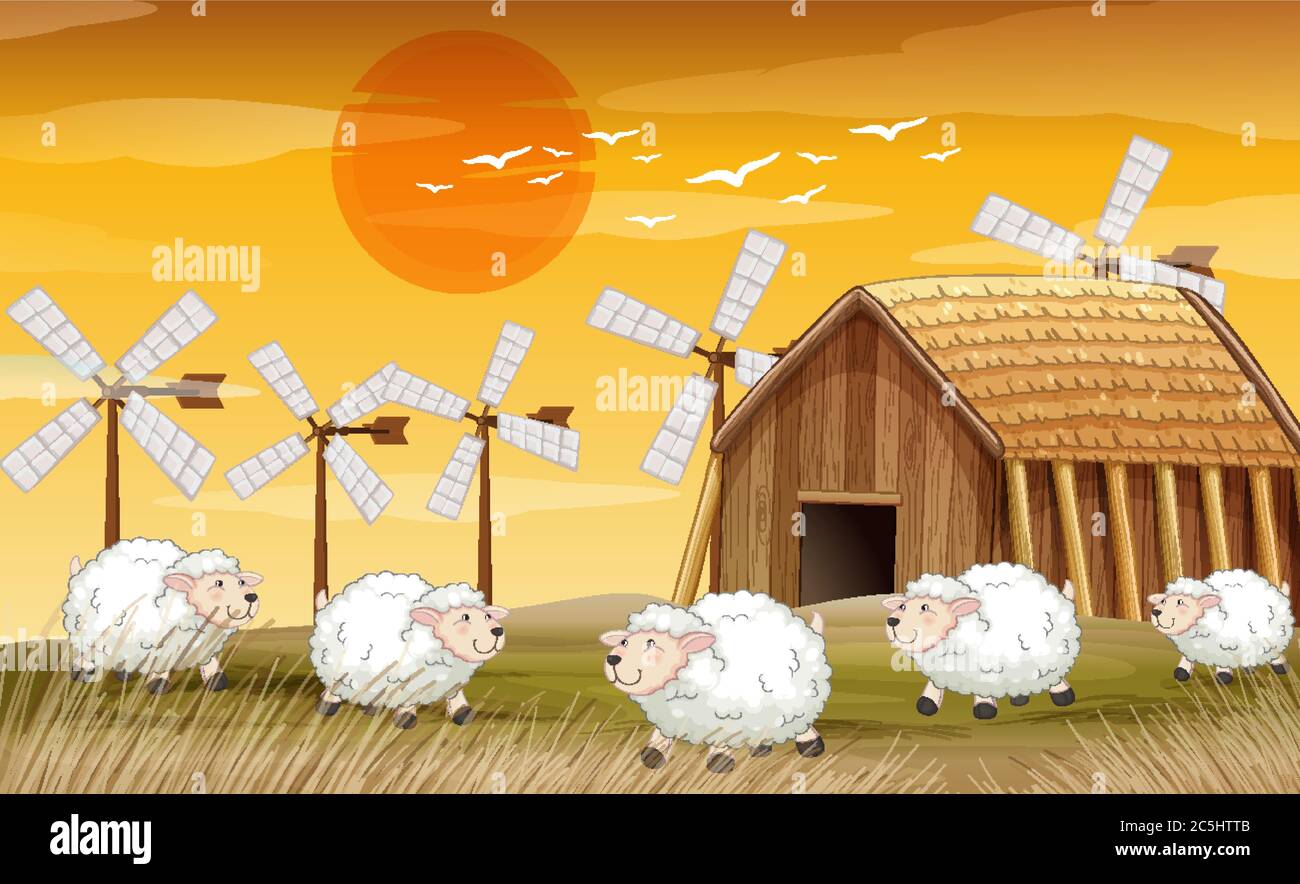 Farm scene in nature with barn and windmill and sheeps illustration ...