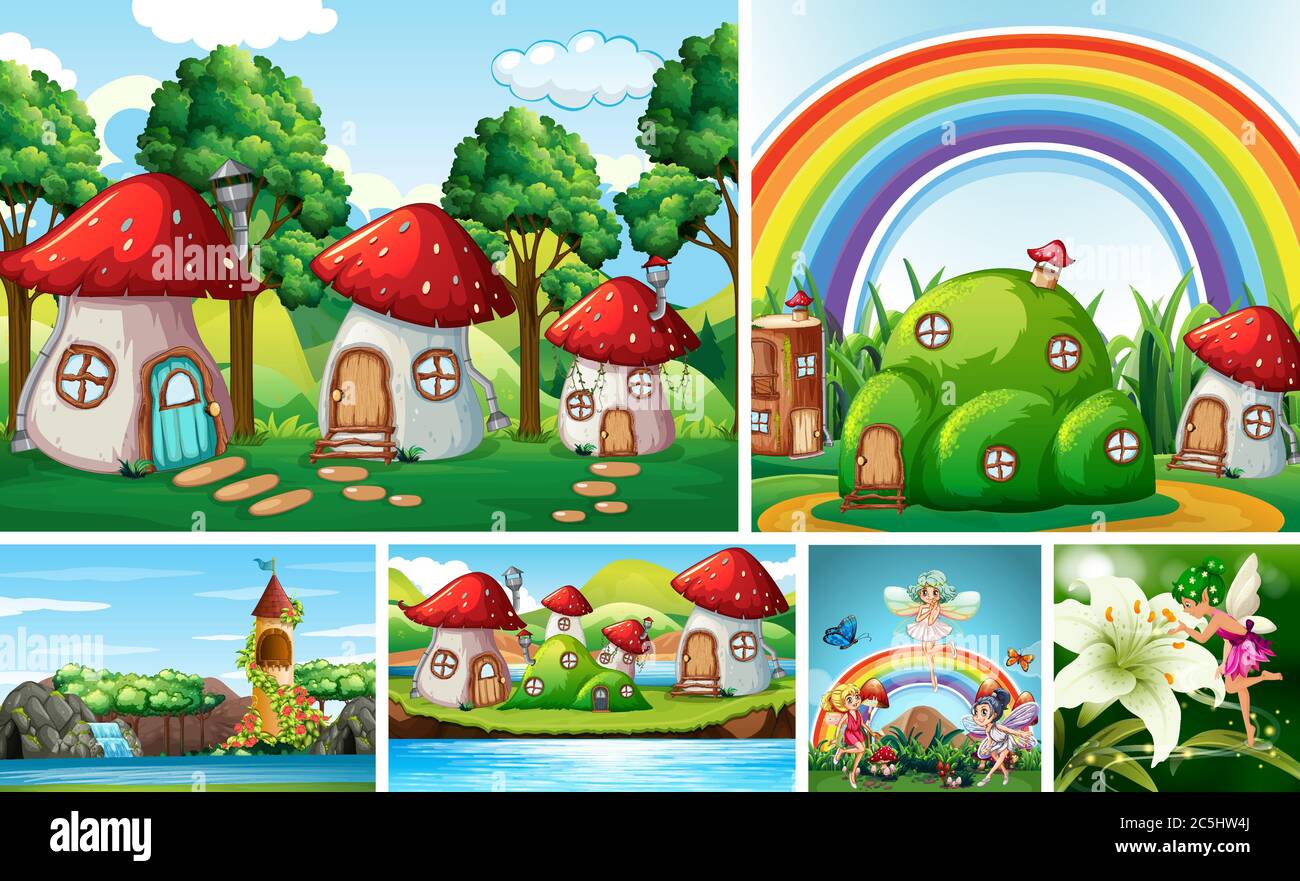 Six different scene of fantasy world with fantasy places and rainbow  illustration Stock Vector Image \u0026 Art - Alamy, image size:1300x881
