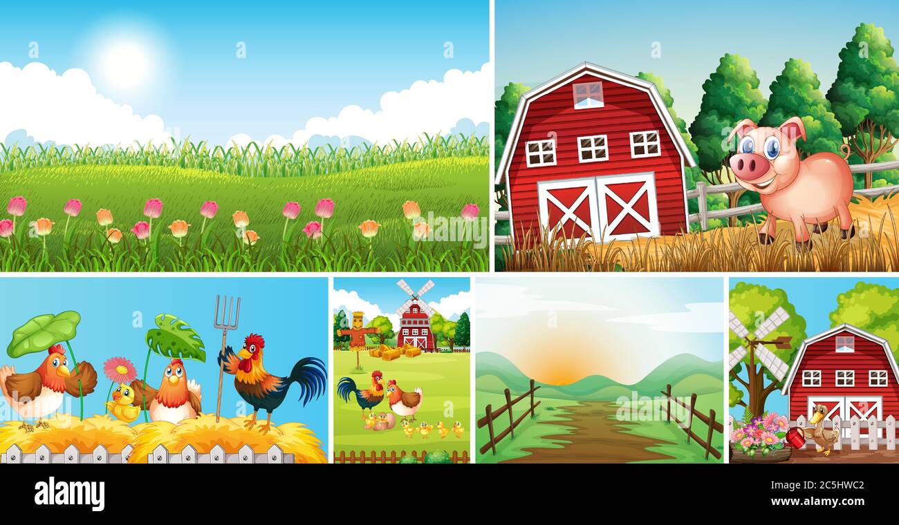 Set of different farm scenes with animal farm cartoon style ...