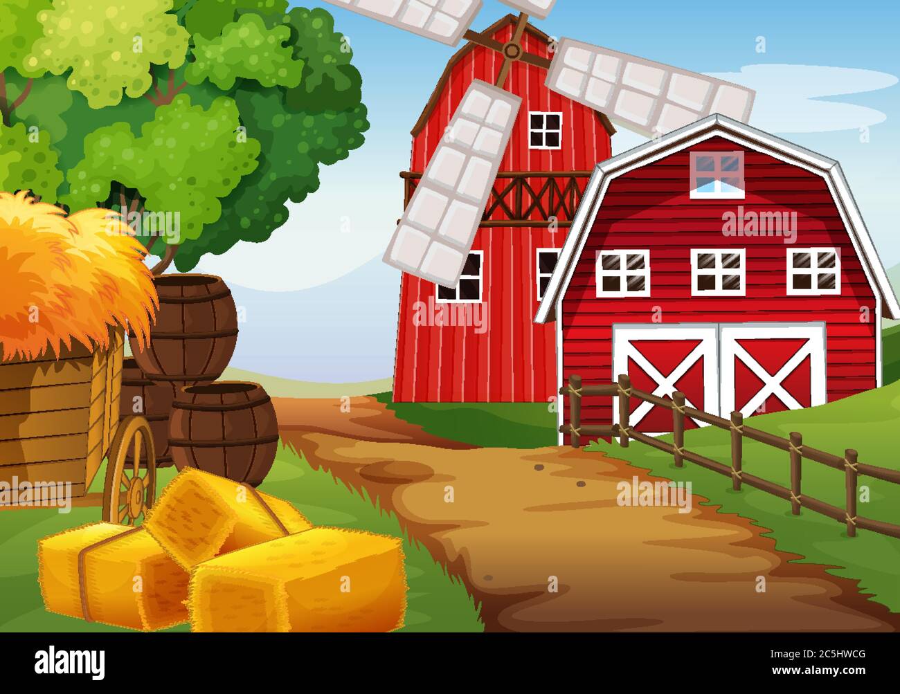 Farm scene in nature with barn and windmill illustration Stock Vector ...