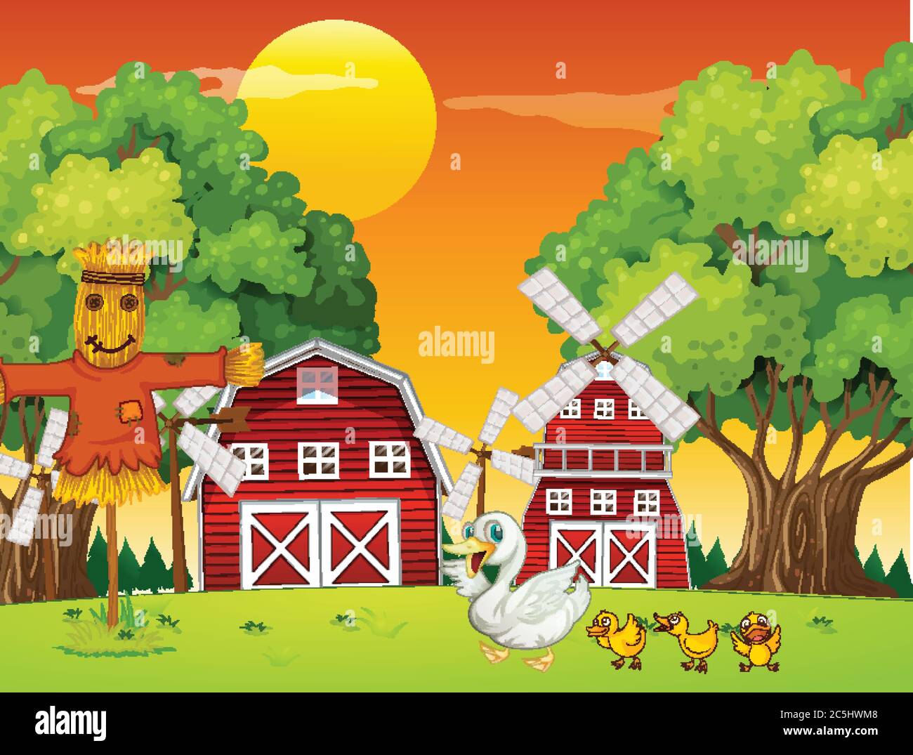 Farm scene in nature with barn and windmill and little duck ...