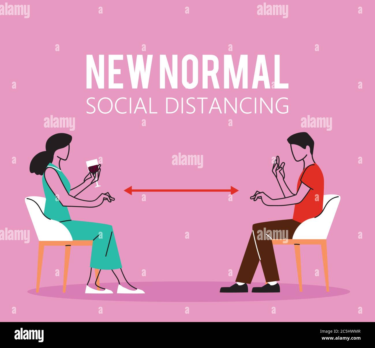 Social distancing between woman and man on chairs design of New normal ...