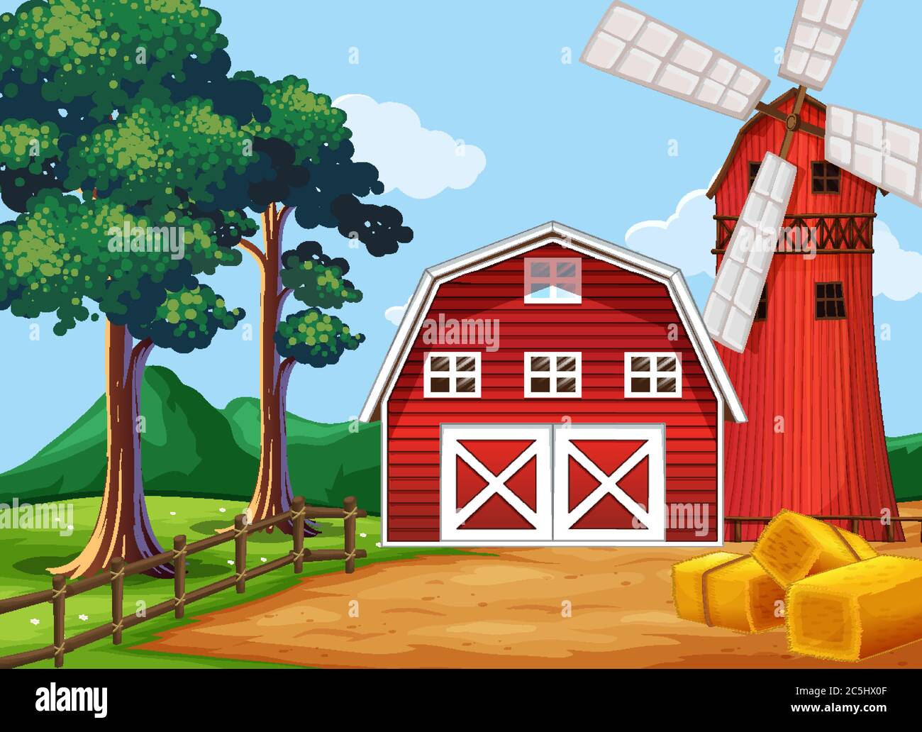 Farm scene in nature with barn and windmill illustration Stock Vector ...