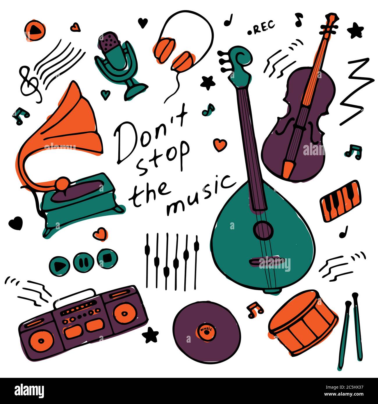 Collection of hand-drawn icons. Musical theme. Icons of musical instruments. Hand-written inscription Don t stop the music. Vector Stock Vector