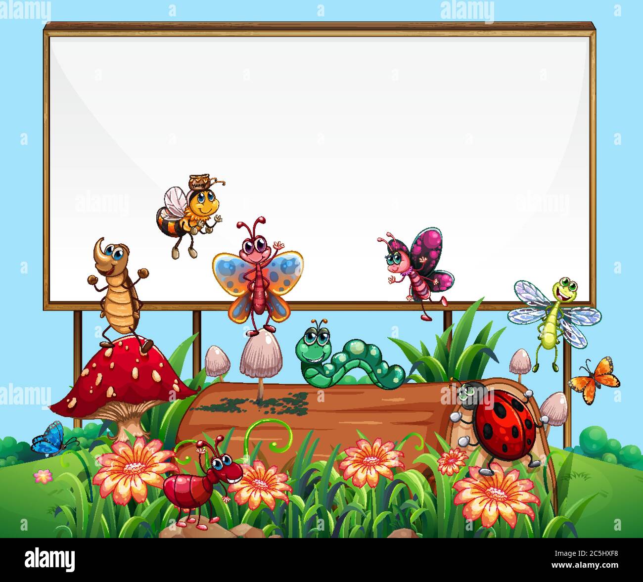 Blank board sign in garden with animal garden set illustration Stock ...