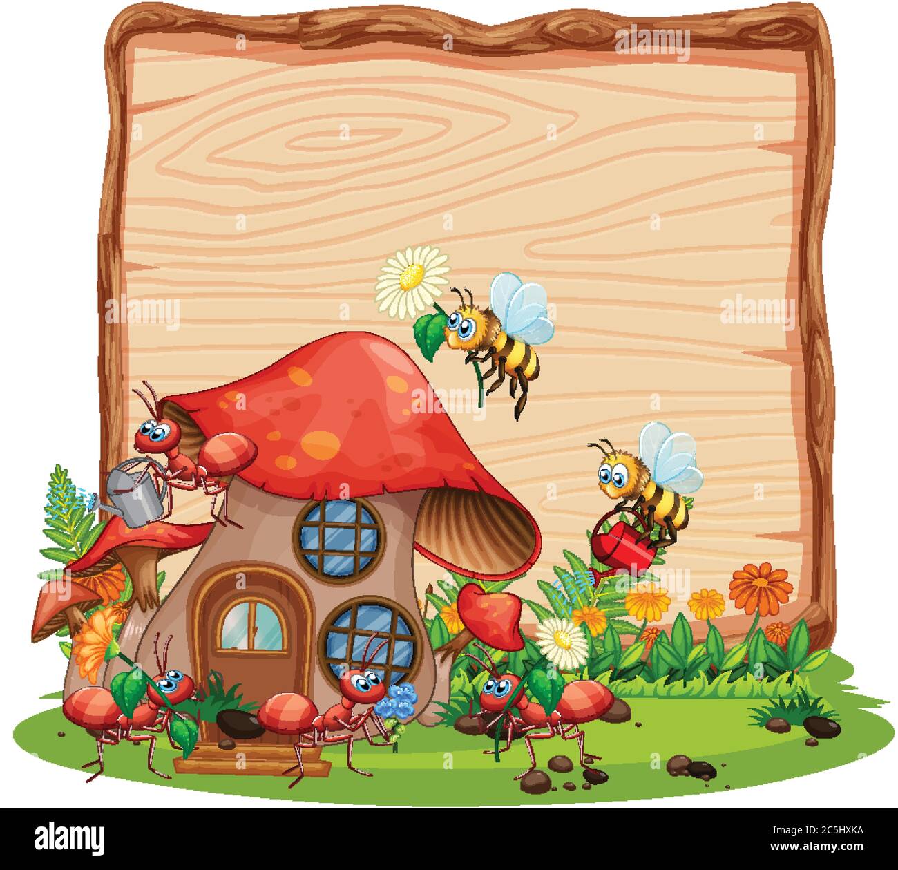 Blank wooden board in nature with animal garden isolated illustration ...