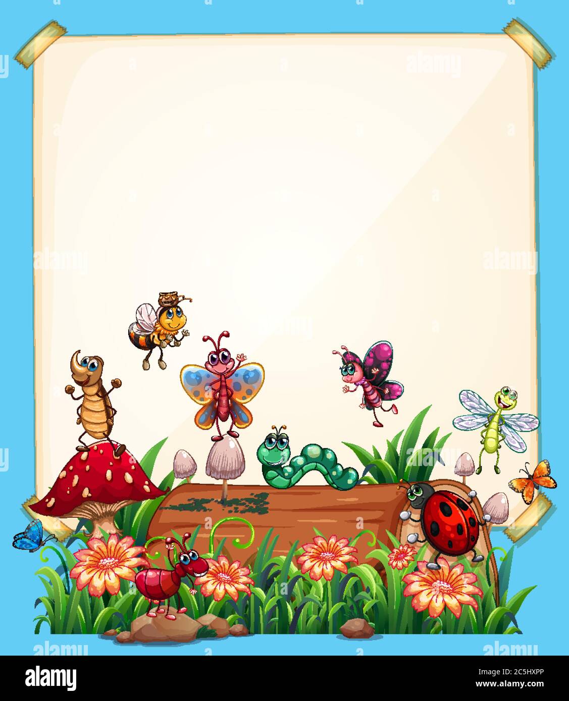 Blank paper sign in garden with animal garden set on blue background ...